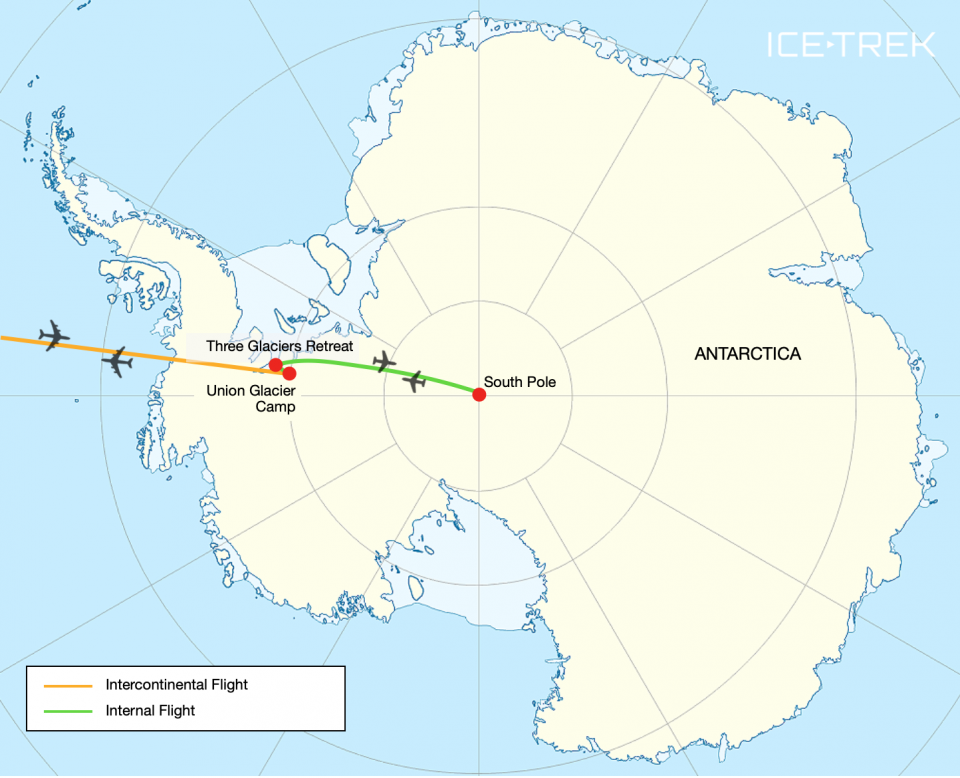Icetrek Antarctica Map Three Glaciers Retreat South Pole Flight