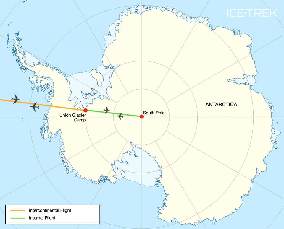 Icetrek Antarctica South Pole Flight Map